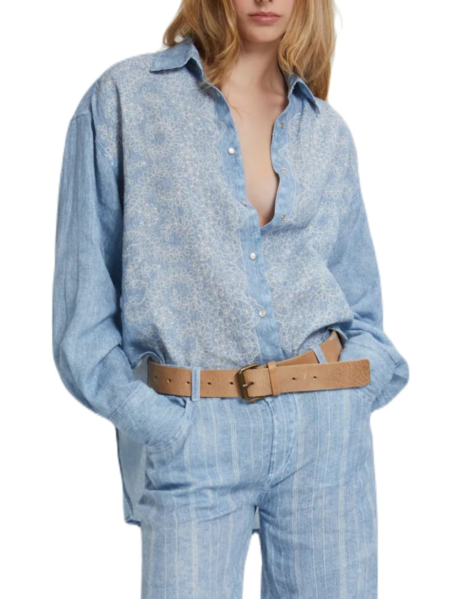 ERMANNO SCERVINO - CAMICIA IN LINO STAMPA DENIM E PIZZO