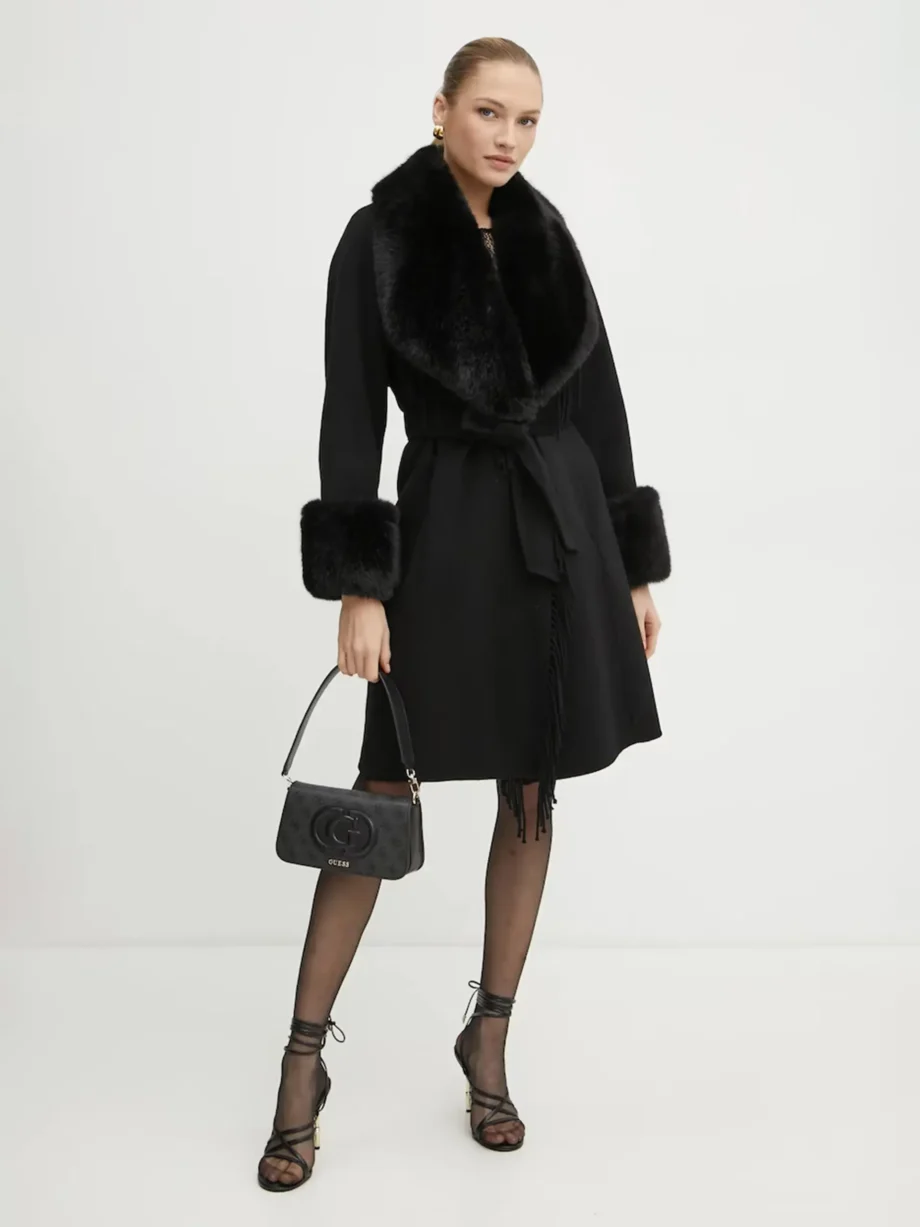 MARCIANO - Cappotto scollo con frange e collo/polsi eco-pelliccia removibile