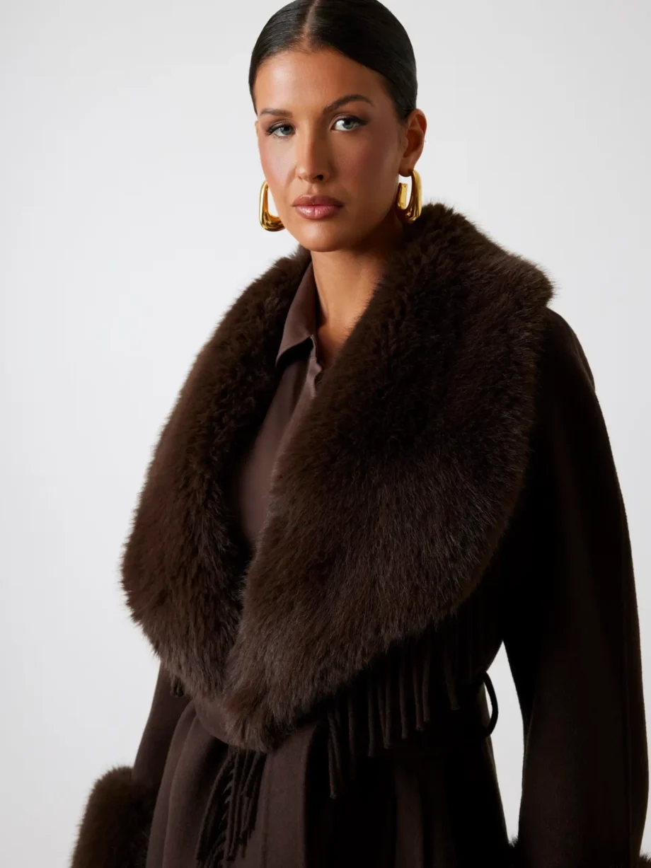 MARCIANO - Cappotto scollo con frange e collo/polsi eco-pelliccia removibile - immagine 4