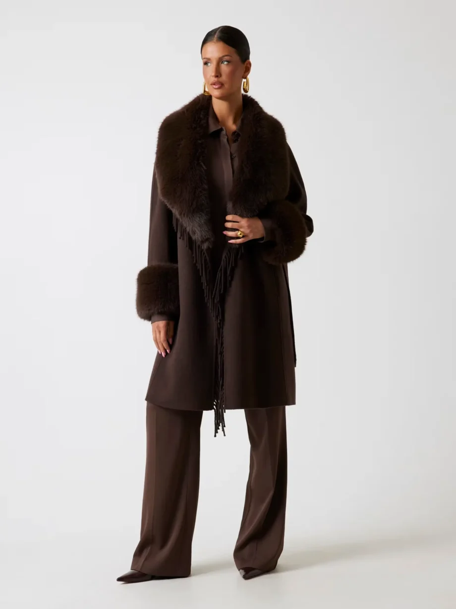 MARCIANO - Cappotto scollo con frange e collo/polsi eco-pelliccia removibile