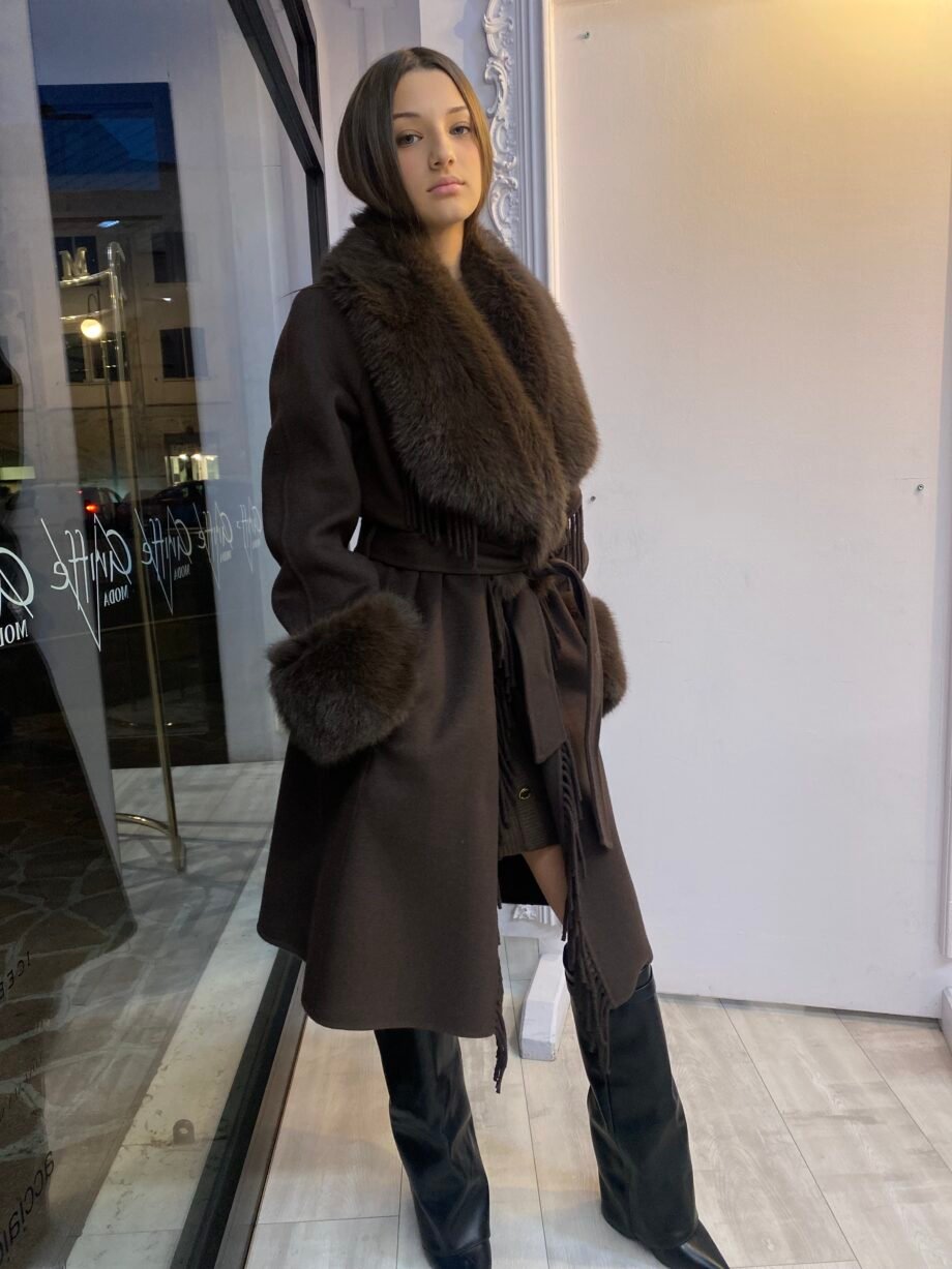 MARCIANO - Cappotto scollo con frange e collo/polsi eco-pelliccia removibile - immagine 2