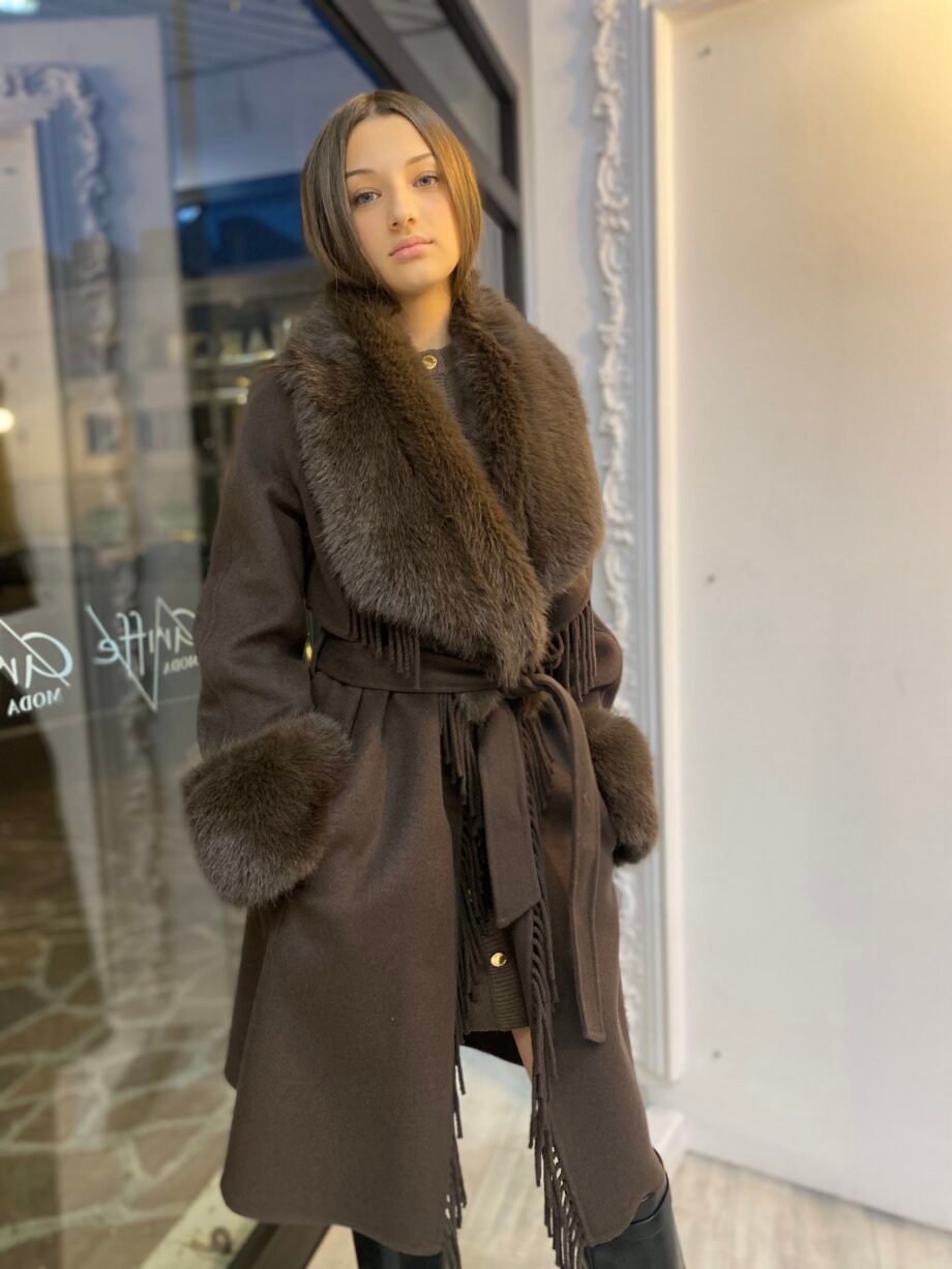 MARCIANO - Cappotto scollo con frange e collo/polsi eco-pelliccia removibile