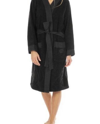 DANIELA DALLAVALLE - Accappatoio nero in spugna con rifiniture in lino