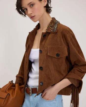 ERMANNO FIRENZE - GIUBBOTTO IN CAMOSCIO CON FRANGE E COLLO GIOIELLO