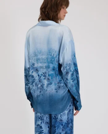 ERMANNO FIRENZE - CAMICIA IN RASO STAMPA DENIM SFUMATO CON FIORI E LOGO DIETRO