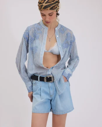 ERMANNO FIRENZE - CAMICIA A RIGHE STAMPA DENIM CON PIZZO RICAMATO