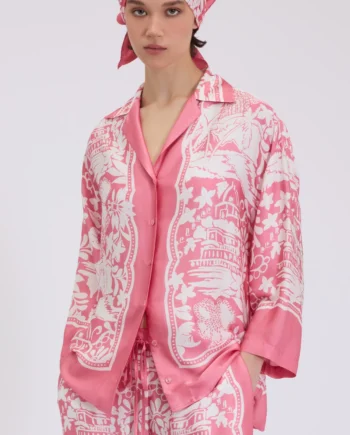 ERMANNO FIRENZE - CAMICIA PIGIAMA IN RASO DI VISCOSA CON STAMPA TROPICALE A FOULARD