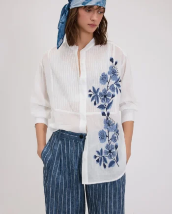 ERMANNO FIRENZE - CAMICIA DI RAMIÈ CON RICAMO FLOREALE