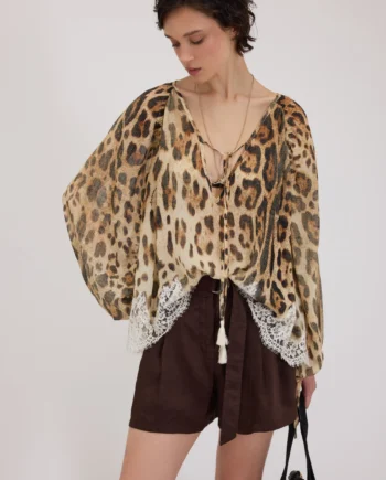 ERMANNO FIRENZE - BLUSA IN GEORGETTE STAMPA ANIMALIER CON PIZZO