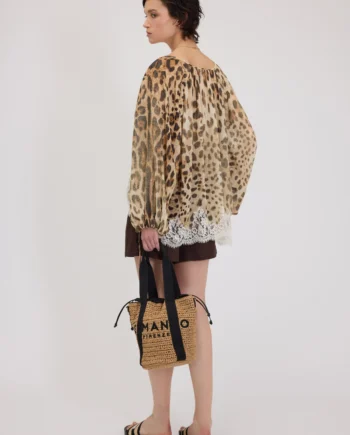 ERMANNO FIRENZE - BLUSA IN GEORGETTE STAMPA ANIMALIER CON PIZZO