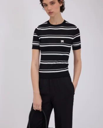 ERMANNO FIRENZE - T-SHIRT IN MAGLIA SOTTILE A RIGHE BICOLORE CON LOGO