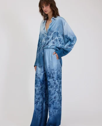 ERMANNO FIRENZE - PANTALONI IN RASO STAMPA DENIM FLOREALE SFUMATA