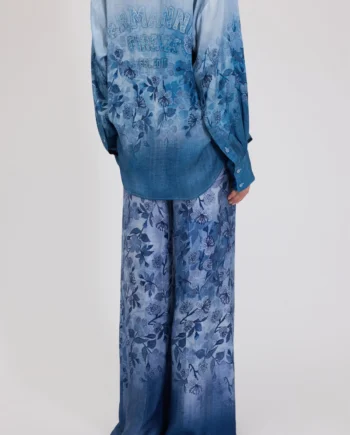 ERMANNO FIRENZE - PANTALONI IN RASO STAMPA DENIM FLOREALE SFUMATA
