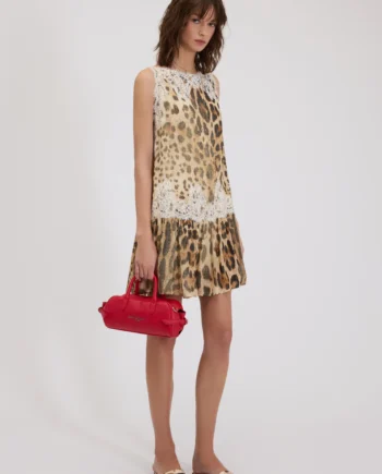 ERMANNO FIRENZE - ABITO CORTO IN GEORGETTE STAMPA ANIMALIER CON PIZZO
